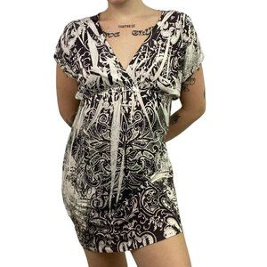 NWT Apt. 9 Womens Empire Waist Flowy Dress Paisley Cap Sleeve White Black Size S